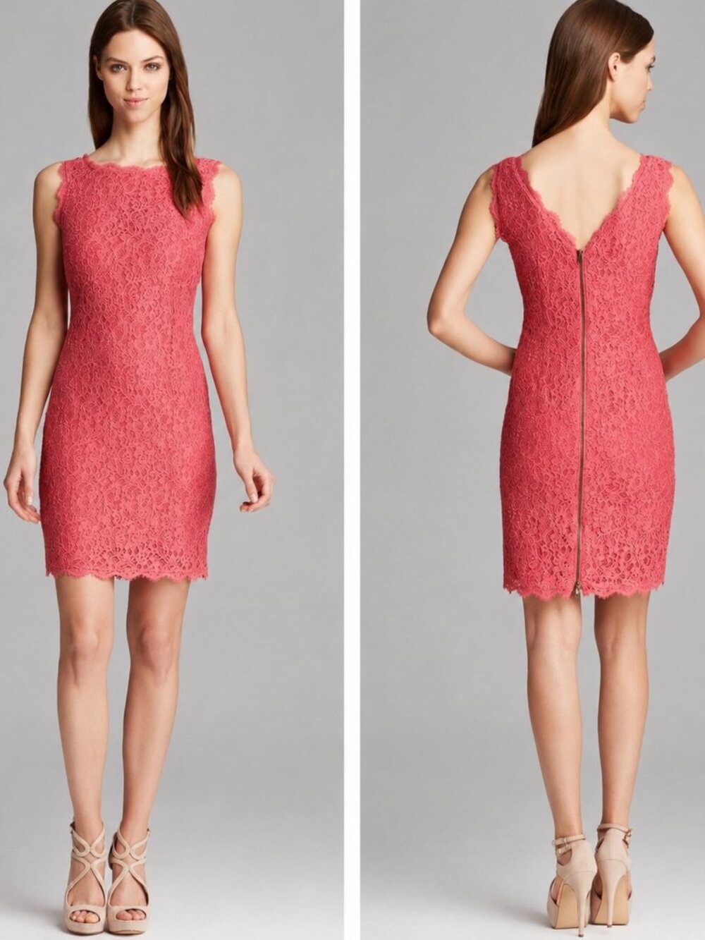 Adrianna Papell Lace Sheath Dress Pink Sleeveless Scalloped Hem Size 8